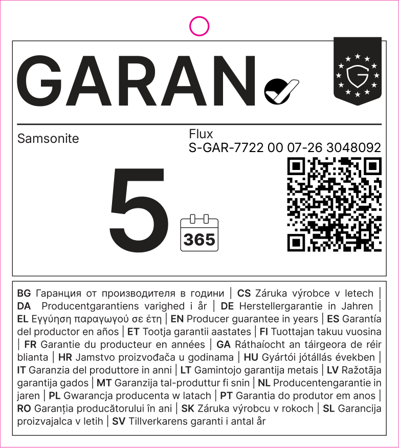 EU GARAN label: producer guarantee of durability in years: 5 – Samsonite
