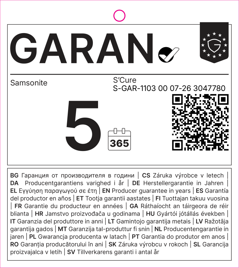 EU GARAN label: producer guarantee of durability in years: 5 – Samsonite