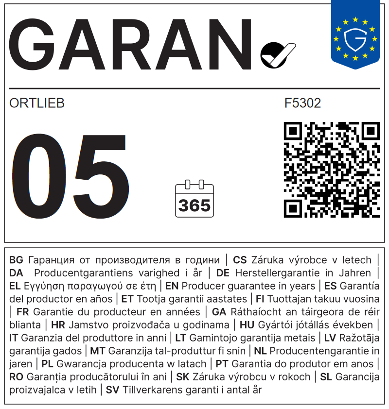 EU-GARAN-Label: Herstellergarantie in Jahren: 5.0 – Ortlieb